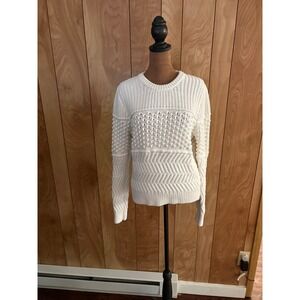 John + Jenn Women Cream Off-White Chunky Cotton Knit Bobble Chevron Sweater XS